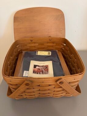 Longaberger Cake Basket with Handles, Lid, Stand & Fabric Liner - Unused